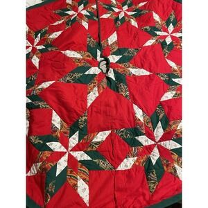 54" Red White Green Quilted Star Primitive Country Christmas Quilt Tree Skirt